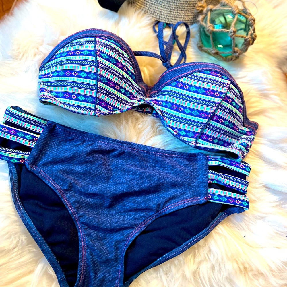 Denim and print two piece bikini